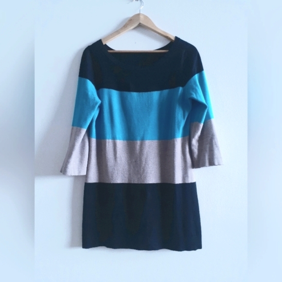 Sweater Dress with Blue, grey, black colour-blocked stripes, fits S-L - Picture 6 of 14